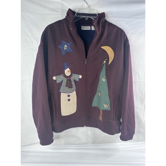Basic Editions Jackets & Blazers - Primitive Snowman Ugly Christmas Tree Sweater Zip Up Folk Art Teacher Sz L